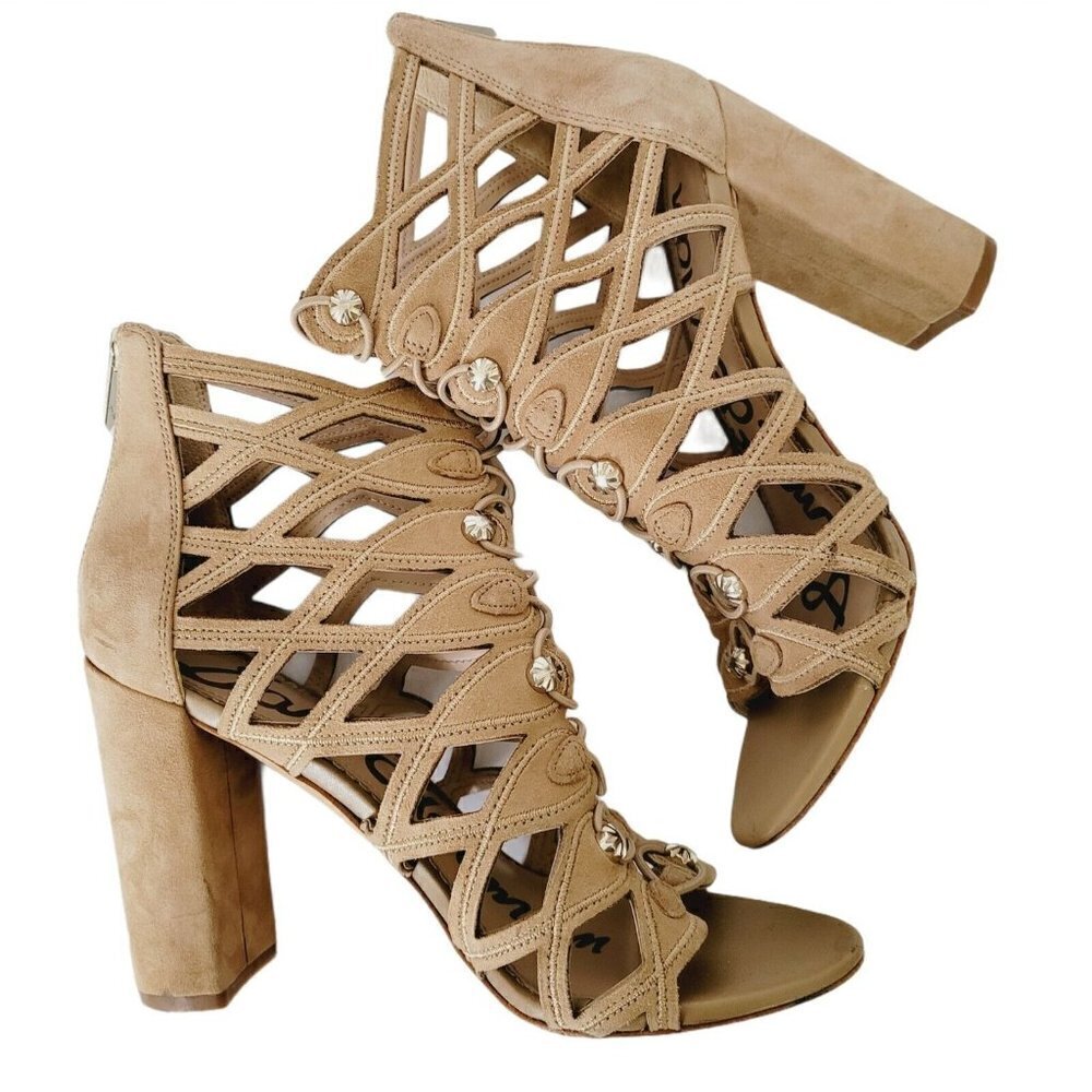 SAM EDELMAN Sz 8.5 Yeager Bootie Cage Leather Sandal Oatmeal Cutout Block Heel - Picture 6 of 9